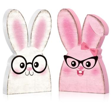 Imagem de Geelin 2 peças decoração de páscoa casal coelho de madeira feliz mesa de Páscoa placa central placa rústica casa de fazenda nerd decoração de mesa para casa escritório mesa presentes fofos