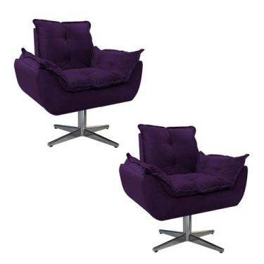 Imagem de kit 02 Poltronas Opala Base Giratória de Metal Suede Roxo - Doce Sonho