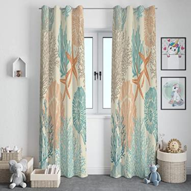 Imagem de Cortinas de janela de animais marinhos com ilhoses náuticos praia conchas do mar tema de peixe-satra, cortina blecaute com ilhós para sala de estar, quarto, 80 x 160 cm, conjunto de 2 painéis