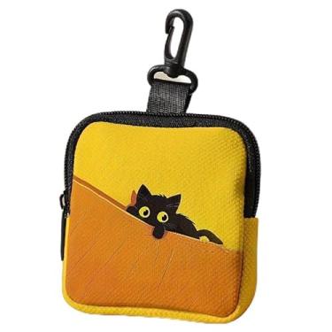 Imagem de Bolsa com zíper com estampa de gato preto amarelo - carteira pequena de poliuretano e capa para fone de ouvido, porta-cartões compacto unissex, porta-moedas, design fofo com estampa de animal