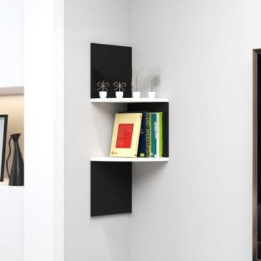 Imagem de Estante de canto de madeira montada na parede - Rack de armazenamento multicamadas para quarto, sala de estar, estudo, biblioteca - Prateleira de canto versátil para organização que economiza espaço