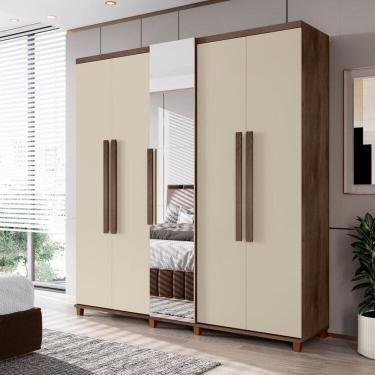 Imagem de Guarda-Roupa Casal 5 Portas com Espelho Sapateira e 3 Gavetas Interna Munique Freijó/Off White