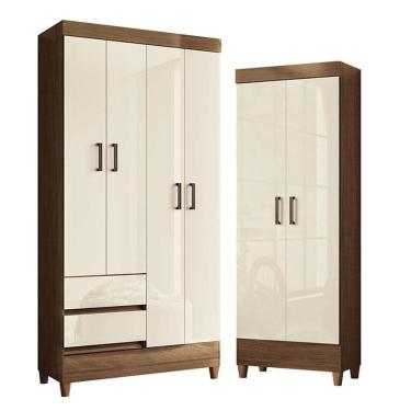 Imagem de Guarda Roupa Solteiro 4 Portas Com Pés Fit Com Armário Multiuso Fit Jequitibá Off White Acetinado - Santos Andirá