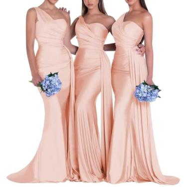 Imagem de Vestido de dama de honra Rjer One Shoulder Mermaid Satin Peach