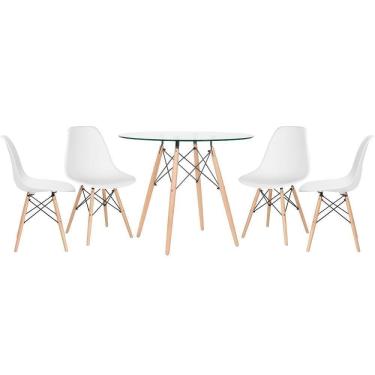 Imagem de Mesa Redonda Eames Com Tampo De Vidro 90 Cm + 4 Cadeiras Eiffel Dsw Branco