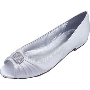 Imagem de Sandálias femininas de casamento com strass sem salto Peep Toe Slip On Bridal Dress Shoes, Branco, 10
