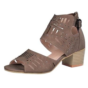 Imagem de Sandálias de peixe com fivela aberta boca grossa moda sapatos femininos salto dedo do pé sandálias femininas verão tamanho 7, Marrom, 9