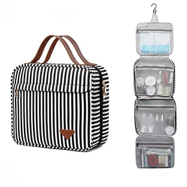 Imagem de NUTOT necessaire maquiagem necessaire feminina Com ganchos,design listrado Bolsa de viagem portátil multicamada de grande capacidade tecido grosso protege contra colisão (Preto)