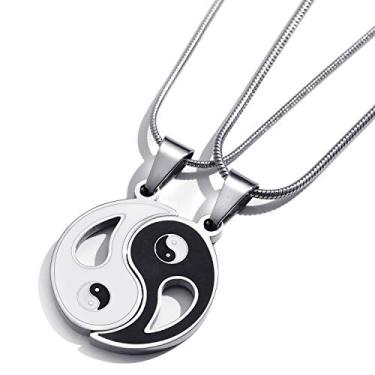 Imagem de MOO&LEE Colar de casal Yin Yang unissex para homens e mulheres, pingente de amizade com corrente de cobra de aço inoxidável de 55 cm, Metal