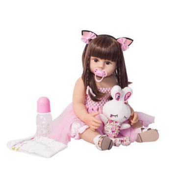 Brastoy Boneca Bebê Reborn Silicone Menina Olhos Castanhos Original 55cm