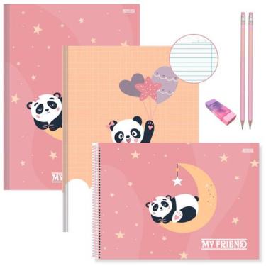 Imagem de Kit Caderno Urso Panda Brochura 2Un 80 Folhas + Desenho 60 Folhas Capa