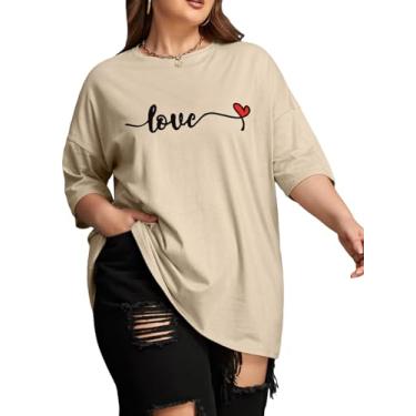 Imagem de WDIRARA Camiseta feminina plus size com estampa de coração e gola redonda meia manga, Caqui, 3X-Large Plus