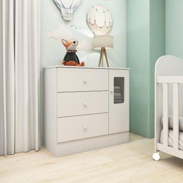 Imagem de Cômoda Infantil 1 Porta com Janela Retangulo e 3 Gavetas 100% MDF Cocada Branco Brilho