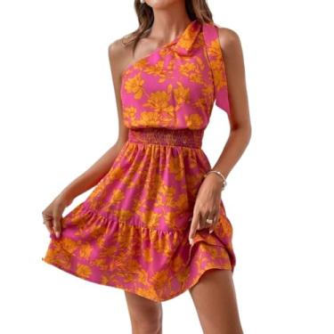 Imagem de Camisa Feminina Floral Print One Shoulder Ruffle Hem Dress (Color : Multicolor, Size : L)