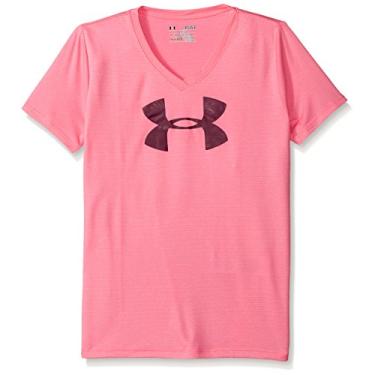 Imagem de Under Armour Camiseta feminina com logotipo grande gola V, rosa punk/beterraba, juvenil médio