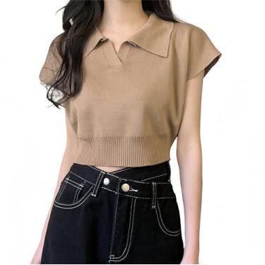 Imagem de LAI DE RUI Camiseta feminina sexy de verão manga curta gola V curta cor sólida polo tricotado, Caqui, G