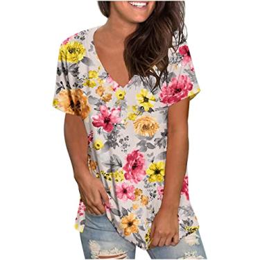 Imagem de Camisetas femininas outono verão manga curta gola V estampa floral caimento solto blusas camisas femininas 2024 Y2K, J-136 multicolorido, P