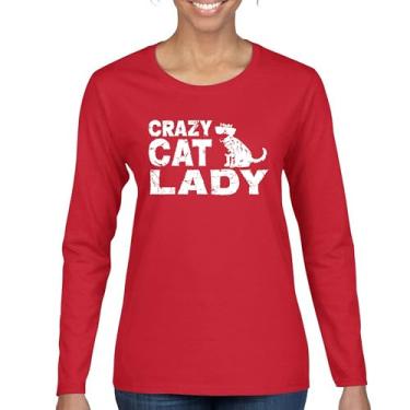 Imagem de Crazy Cat Lady Camiseta feminina manga longa divertida amante de gatinhos animais de estimação mãe feline rainha miau gatos humor mamãe sarcástica, Vermelho, G