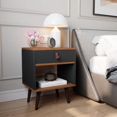 Imagem de Mesa de Cabeceira Mesinha Para Quarto 1 Gaveta Puxador em Couro Ravenna - Preto com Freijó