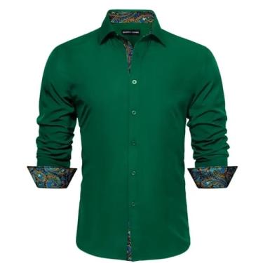 Imagem de Camisas masculinas de seda manga longa azul-petróleo sólido patch Paisley Slim blusa masculina Casaul lapela tops primavera outono, 0359, PP