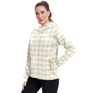 Imagem de junzan Camisetas femininas de proteção solar xadrez creme manga longa FPS 50+ com capuz esportivo, Verde menta, P