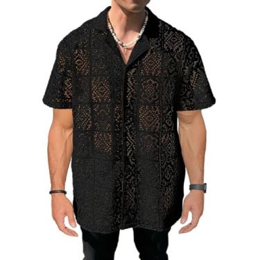 Imagem de Camisa masculina de renda transparente com botões, malha floral, manga curta, camiseta de malha aberta, praia, férias casuais, Preto, XXG