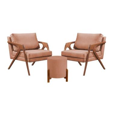 Imagem de Conjunto 2 Poltronas Mona Decorativa e 1 Puff Thor Estofado Base Madeira Maciça Linho Terracota