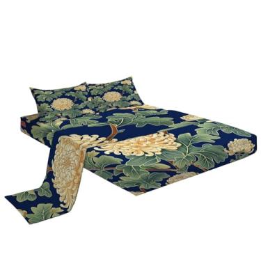 Imagem de Eojctoy Jogo de lençol ultramacio, azul marinho, 4 peças, com tema de planta verde crisântemo, fácil de cuidar com lençol Queen de 40,6 cm de profundidade, confortável, respirável e ajustado para casa