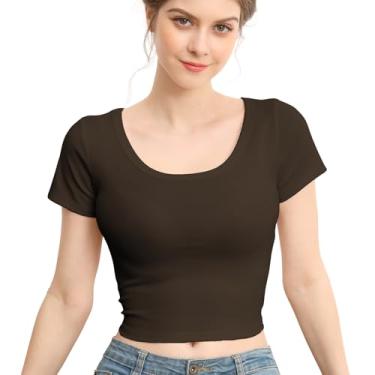 Imagem de Gemgru Camisetas cropped de algodão femininas de manga curta justas com gola redonda justa, Marrom café, M