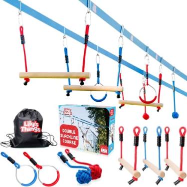 Imagem de Double Ninja Slackline Pista de obstáculos para crianças - Linha de 2,5 m - Monkey Bars Playground Equipment - Curso Ninja Warrior com barras de macaco para crianças - Curso de cordas Ninja - Design
