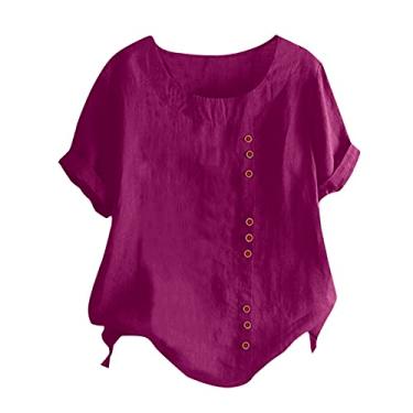 Imagem de Blusas femininas de linho folgadas manga curta gola redonda blusas casuais de cor sólida camisas de verão com botões, Vermelho, M