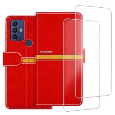 Imagem de ESACMOT Capa de telefone compatível com Alcatel 1V 2021 + [2 unidades] película protetora de tela de vidro, capa protetora magnética de couro premium para Alcatel 3H Plus (6,5 polegadas) vermelha
