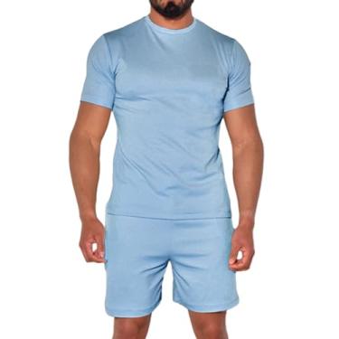 Imagem de Uni Clau Conjunto masculino de 2 peças, camiseta de verão e short para praia, muscular, treino de férias, Azul claro, GG