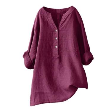 Imagem de Camisetas femininas de linho de algodão manga curta casual gola redonda estampa floral cor sólida solta verão boho tops, Vinho, 3G
