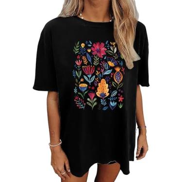 Imagem de CAZYCHILD Camisetas estampadas femininas grandes com estampa de flores, boêmio, flores silvestres, casual, verão, tops, Flor - preto, M