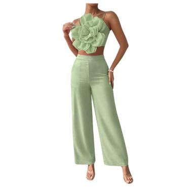 Imagem de BEAUDRM Conjunto feminino de duas peças com blusa curta e calça de perna larga, Verde menta, M