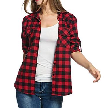 Imagem de Camisetas femininas de flanela com botões xadrez, manga comprida, gola redonda, blusas casuais de trabalho com, Vermelho, M
