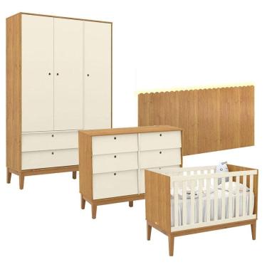 Imagem de Quarto de Bebê Unique 3 Portas com Cômoda 6 Gavetas e Painel Farm com Led Freijó Off White Eco Wood - Matic
