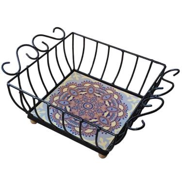 Imagem de Fruteira De Mesa Ferro E Azulejo Quadrada Grande Pra Cozinha Azulejo G6