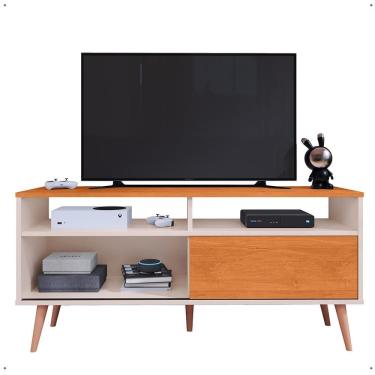 Imagem de Rack Bancada Home Samba Estante Tv 55 Polegadas Nicho Organizador Porta Correr Sala Quarto Pequeno Retrô - Off White/Cinamomo - RPM