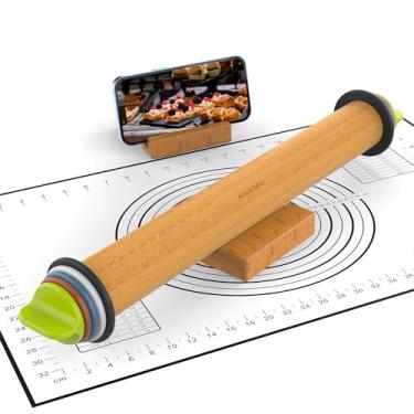 Imagem de Aguegro Rolo de massa com anéis de espessura ajustável e tapete de pastelaria para assar, fondant, pizza, torta, biscoitos, pastelaria, 34,5 cm com 4 anéis de espessura multicoloridos e base de