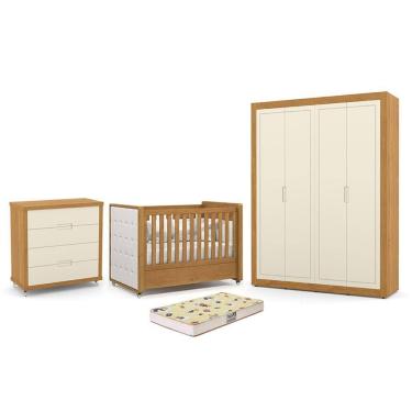 Imagem de Dormitório Tutto New 4 Portas, Cômoda 4 Gavetas e Berço com Capitonê e Colchão Supreme - Matic Móveis