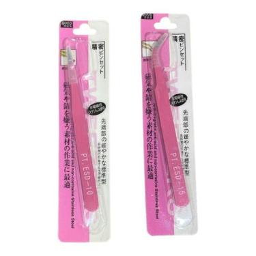 Imagem de Kit Par Pinças Curva Reta Alongamento Cilios Fio A Fio Rosa - Geral