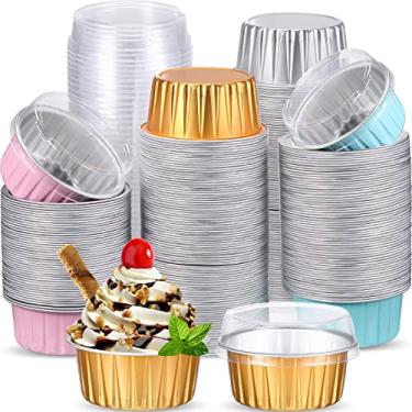 Imagem de 150 peças de forros de cupcake com tampas, de alumínio de 147 ml, copos de cupcake descartáveis, ramekins para muffin, mini formas de alumínio com tampas, suporte de cupcake para creme brulee ou cupcakes (dourado, prata, rosa, azul)