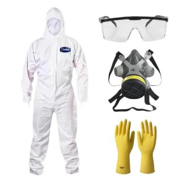 Imagem de Kit Macacão de Proteção Óculos de Segurança RJ Incolor Máscara Respirador Luva de Proteção Látex EPI (Branco/Verde, G)