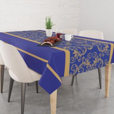 Imagem de Toalha De Mesa Retangular 6 Lugares Tecido Oxford Arabesco Azul Linhas