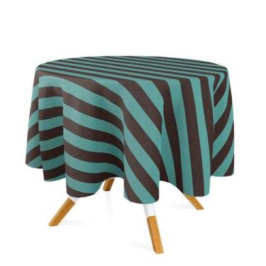 Imagem de Toalha de Mesa Redonda em Tecido Jacquard Marrom e Turquesa Listrado T