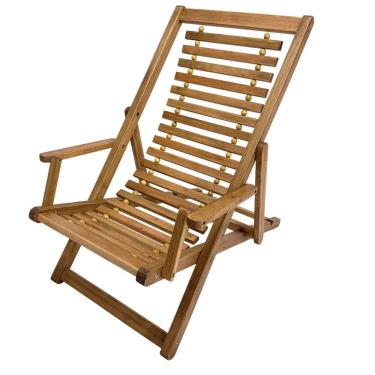 Imagem de Espreguiçadeira Reclinável de Madeira e Cabos de Aço - Cadeira de Praia, Jardim, Piscina, Varanda