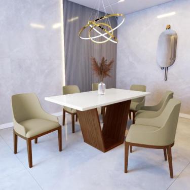 Imagem de Mesa de Jantar Safira 1,6m Off White com 6 Cadeiras Elisa Veludo Bege 