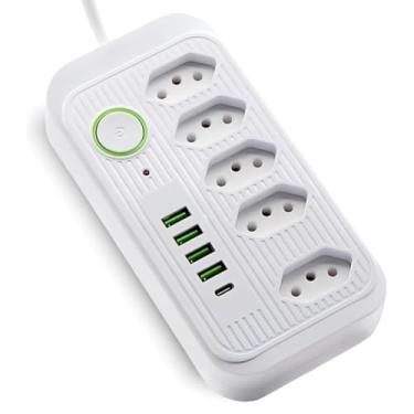 Imagem de Filtro de Linha Extensão Tomada 2 Metros Régua Energia Elétrica 5 Tomadas 4 USB 1 USB-C 110-220V Potência 2500W 10A (BRANCO)
